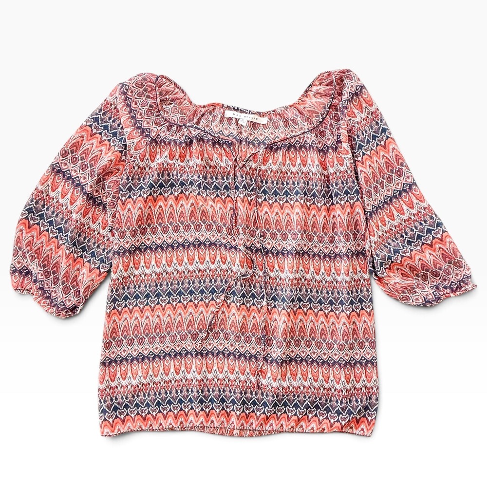 Max Studio Womens Coral Navy Geometric Ikat Print 3/4 Sleeve Peasant Blouse L